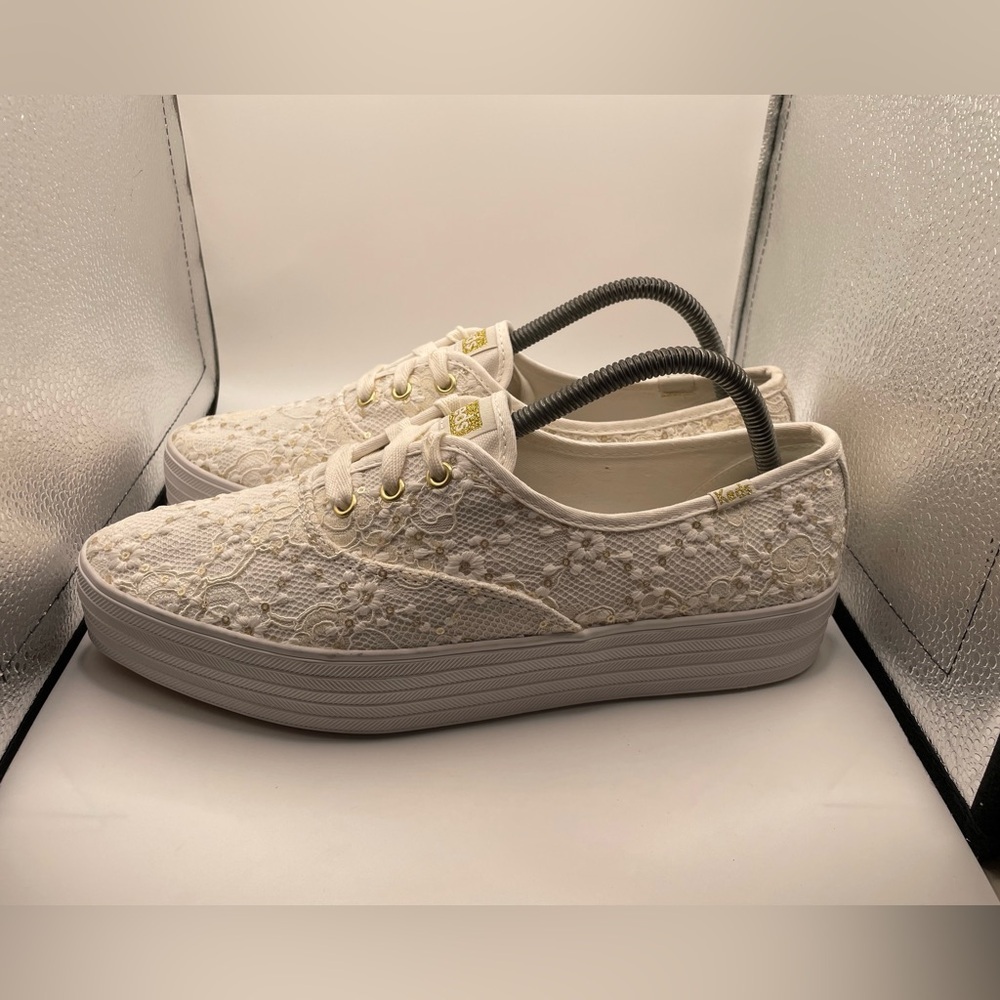 Keds Lace Platform Sneakers in Cream with Gold Accents